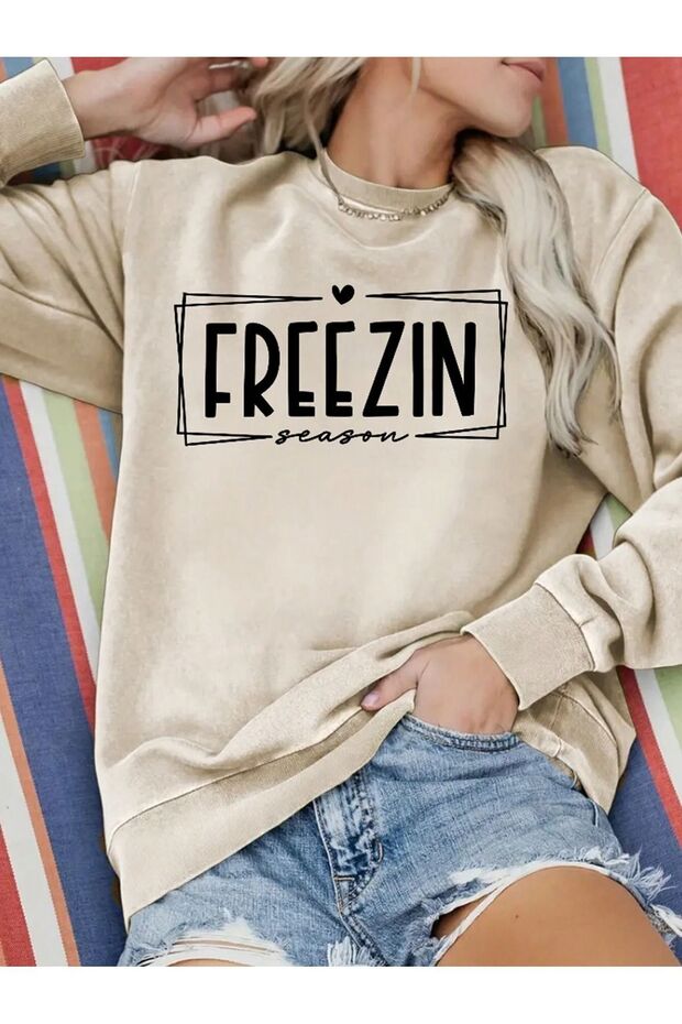 3 İplik Freezin Season Sweatshirt - Beige Printed Oversize Crew Neck