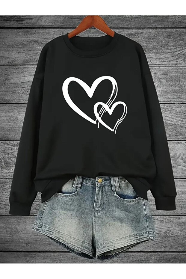 Hearts Design Sweatshirt - Black Printed Oversize Raised Crew Neck