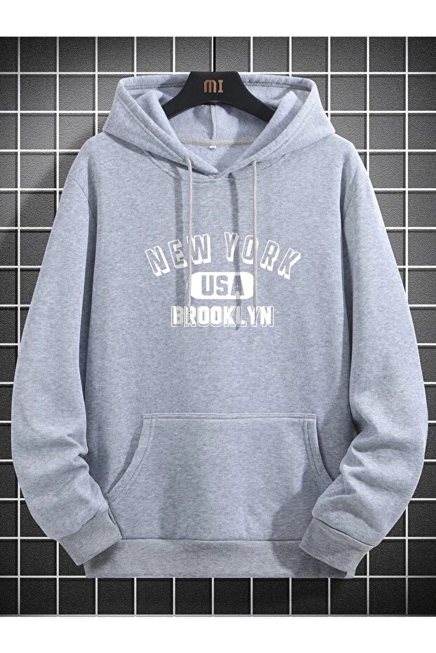 3 Thread Unisex Gray New York Brooklyn Print Oversize Hooded Sweatshirt