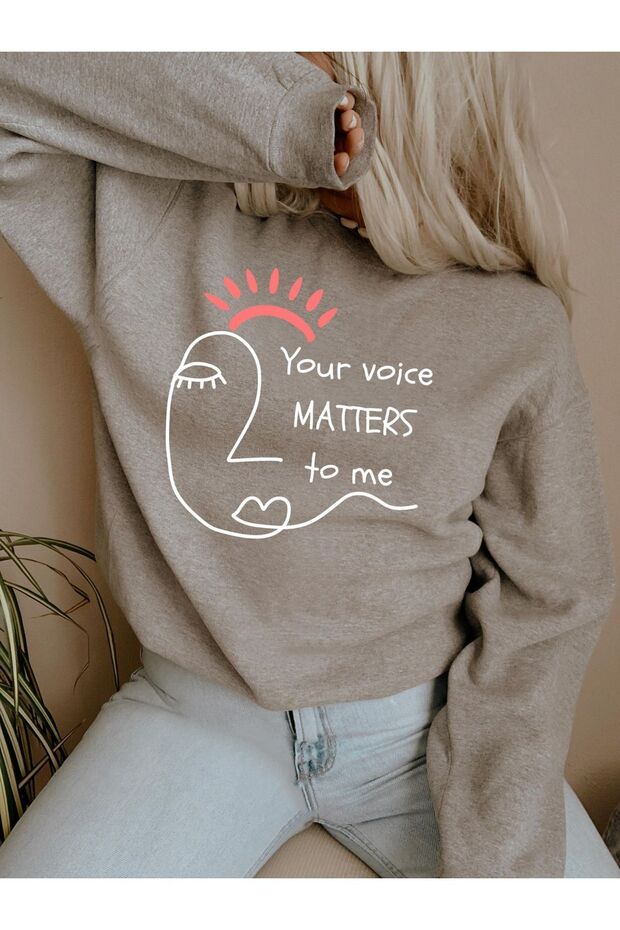 Voice Matters Sweatshirt - Gray Printed Oversize Hooded Crew Neck