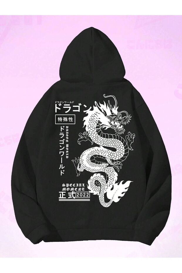 Dragon 2022 Sweatshirt - Black Printed Oversize Hoodie with Raised Hood