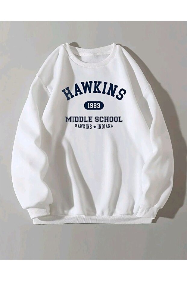 Hawkins 1983 Winter Thick Sweatshirt - White Printed Oversized Crew Neck