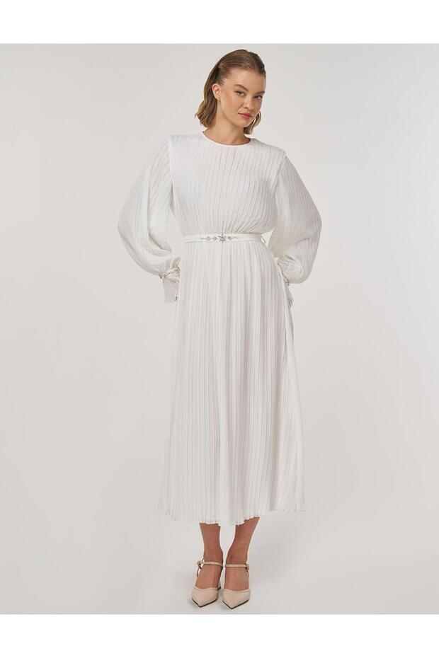 Rochie elegantă brodată cu pietre ecru - 2