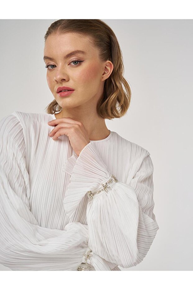 Rochie elegantă brodată cu pietre ecru - 8