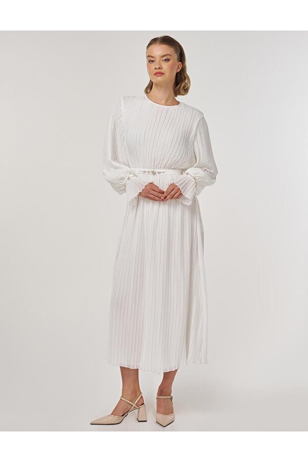 Rochie elegantă brodată cu pietre ecru - 1