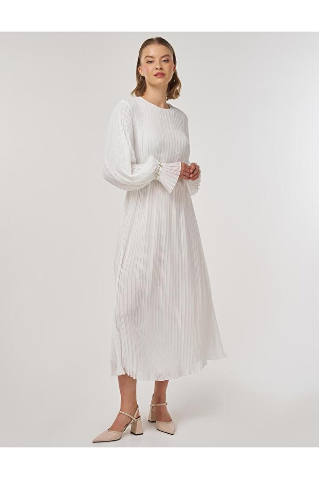 Rochie elegantă brodată cu pietre ecru - 3