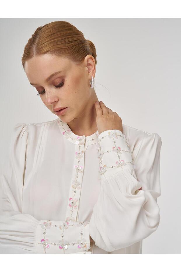 İşlemeli Şık Tunik Ekru - 7