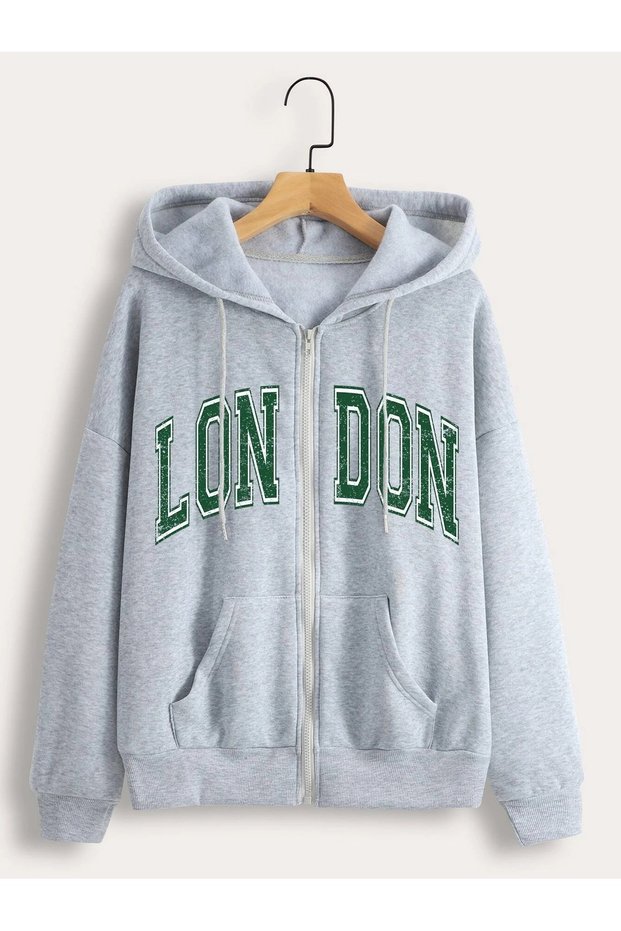 London Green Printed Cardigan - Gray Winter Oversize Hooded Cardigan with Zipper Pocket Detail