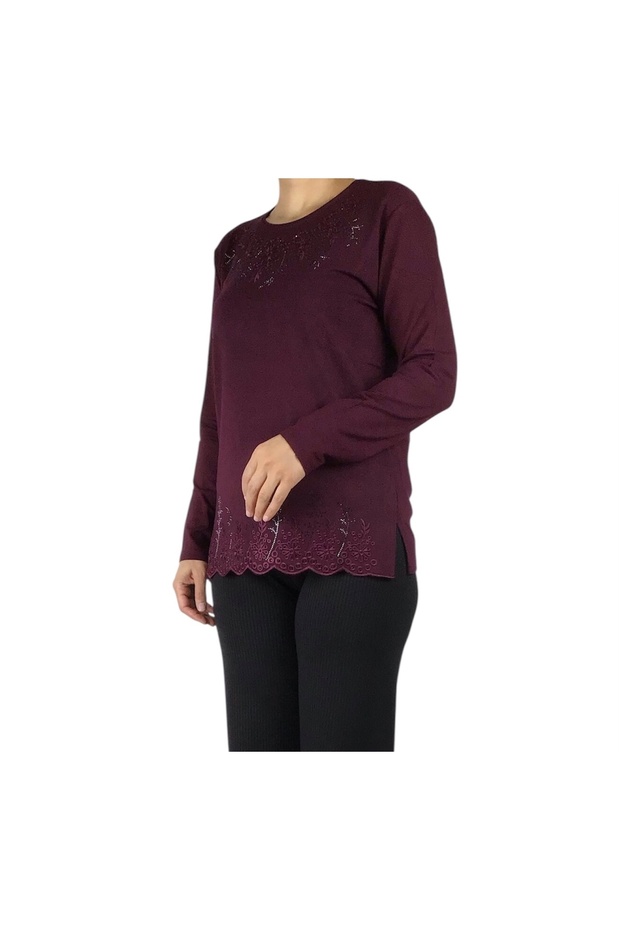 Women's Stone and Embroidered Seasonal Bluse with Collar and Hem