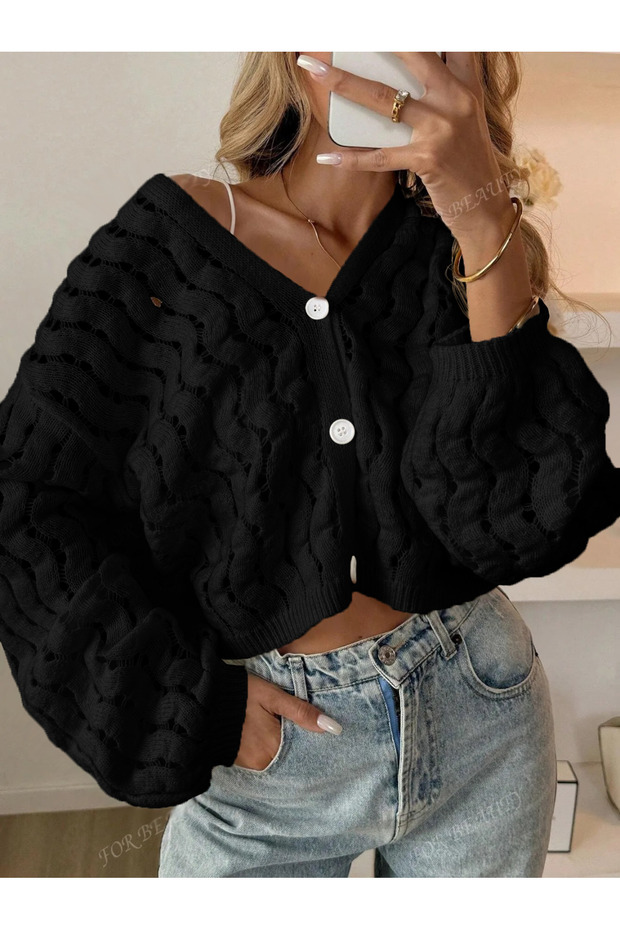 Women's Knitwear V-Neck Crop t Sleeve Soft Openwork Buttoned Loose Trendy Knit Cardigan Black