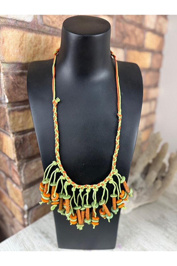 El yapımı örme ahşap boncuklu uzun kolye - 2