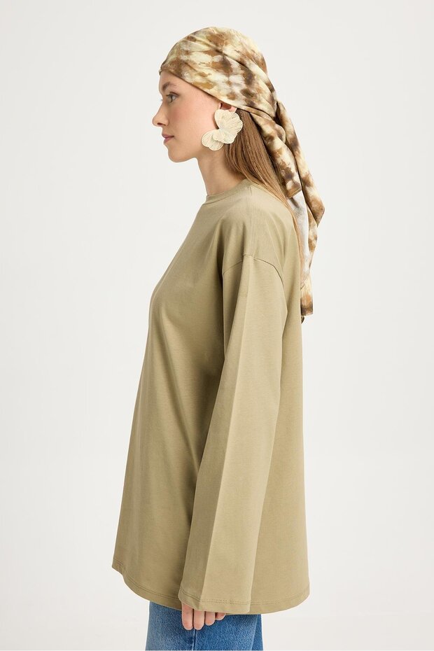 Geniş Kol Oversize Basic T-shirt Haki - 5