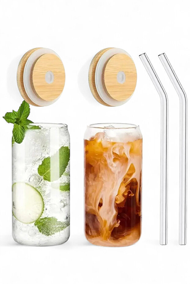 2li Bambu Kapaklı Pipetli Cam Bardak 500ml Isıya Dayanıklı Kola Şekilli Kahve İçecek Sunum Bardağı - 1