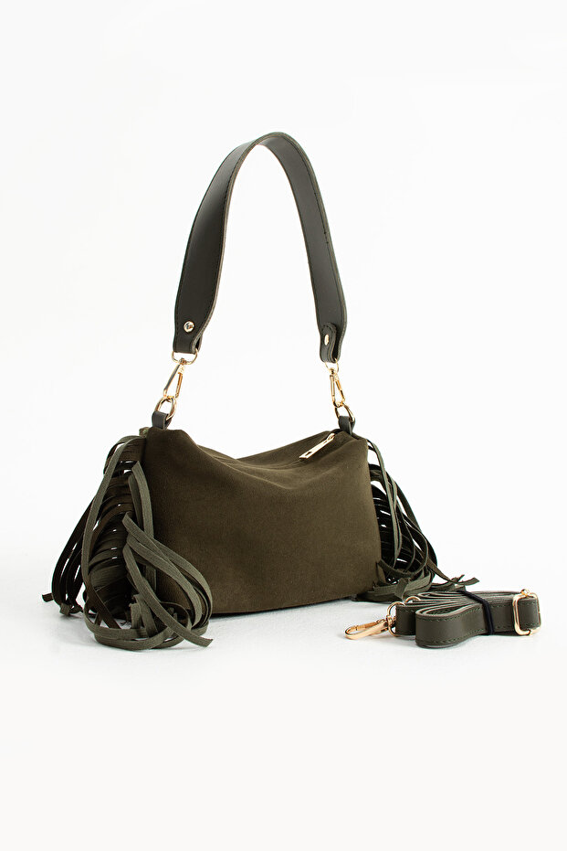 Abelia Khaki Green Suede Tasseled Women's Shoulder Bag