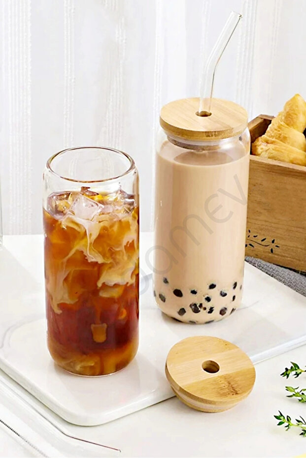 2li Bambu Kapaklı Pipetli Cam Bardak 500ml Isıya Dayanıklı Kola Şekilli Kahve İçecek Sunum Bardağı - 5