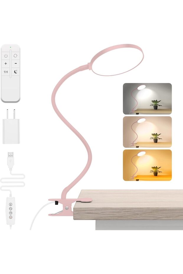 iFalarila Reading Light with Remote, LED Desk Lamp Clip on [1H Timer & Nightlight] - Pink (Adapter I - 1