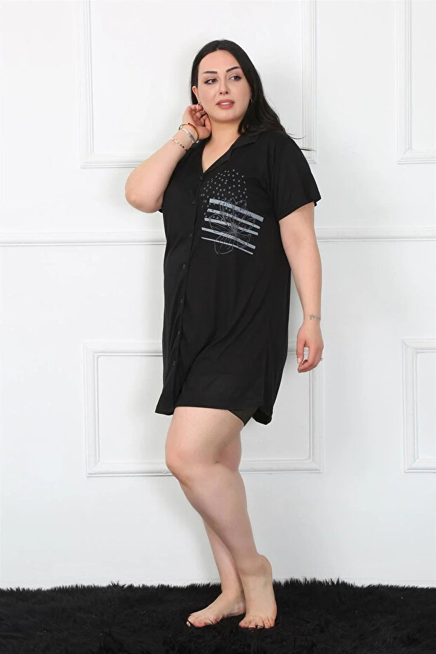 Plus Size Combed Cotton Buttoned Black Tunic Nightgown - 3