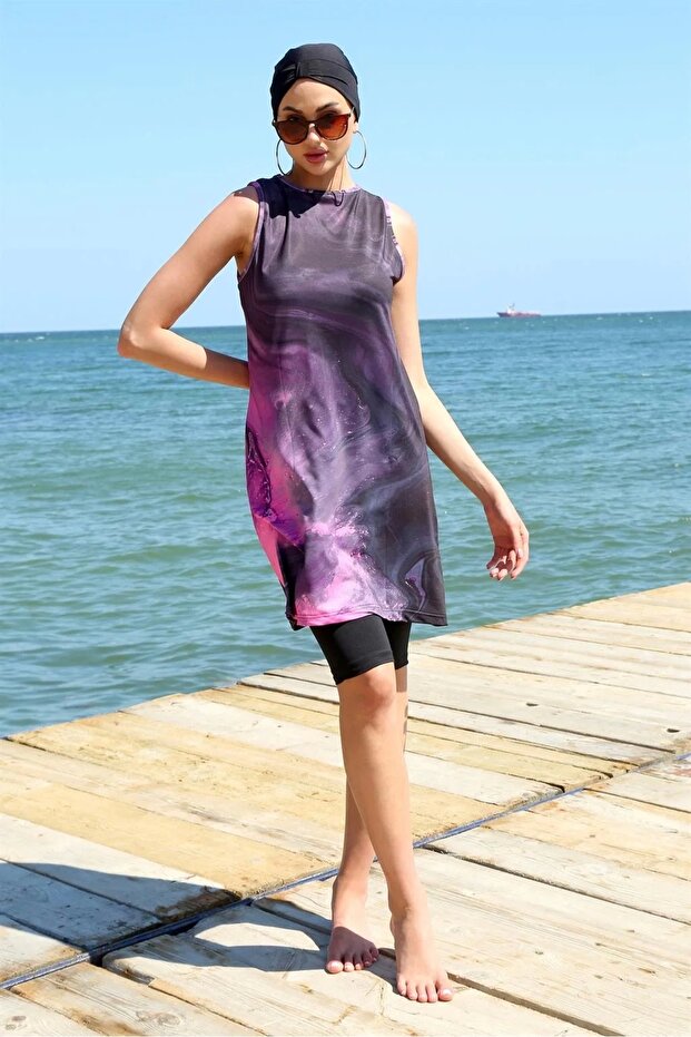 ملابس سباحة نسائية نصف محتشمة بنمط أكمام مفتوحة من ماركة Under Moda باللون الأرجواني