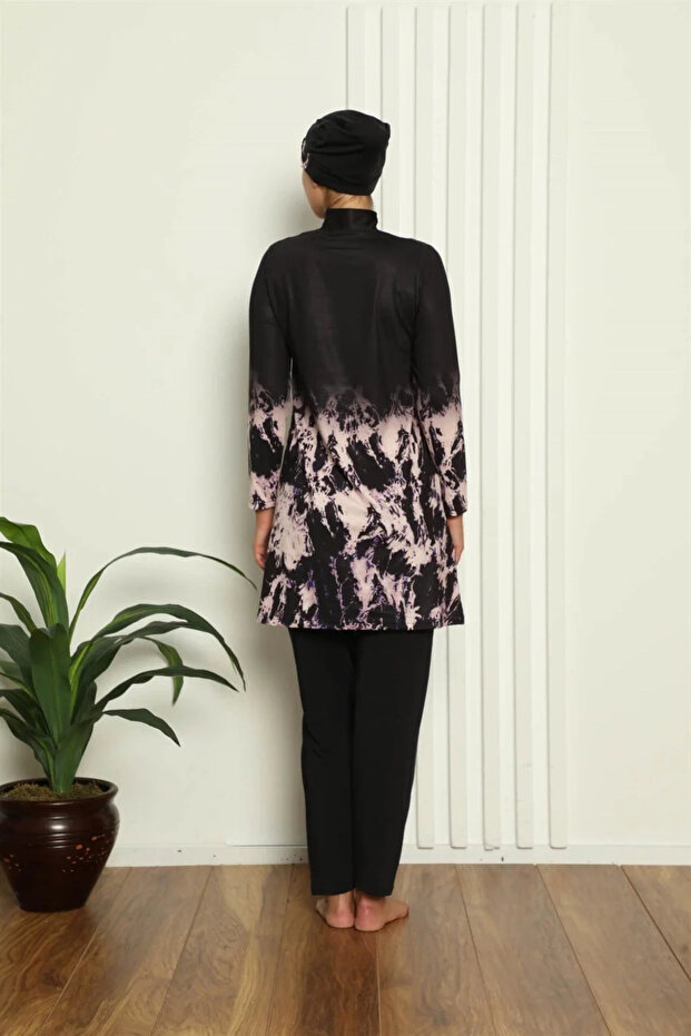 ملابس سباحة حجاب كاملة منقوشة رقمية باللون الأسود - 3