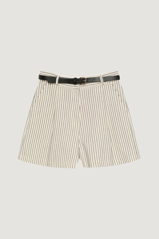 Women's Stone Belt Detailed Striped Shorts Shorts 25Ysrt00685-Natur