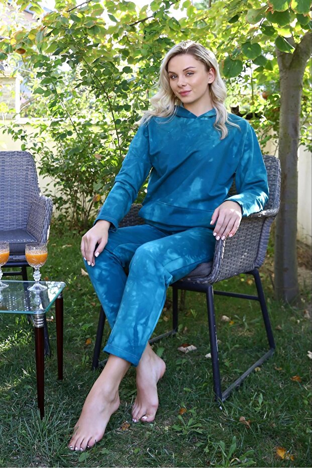 Women's Cotton Hooded Pocketed 3 Thread Turquoise Tracksuit Set