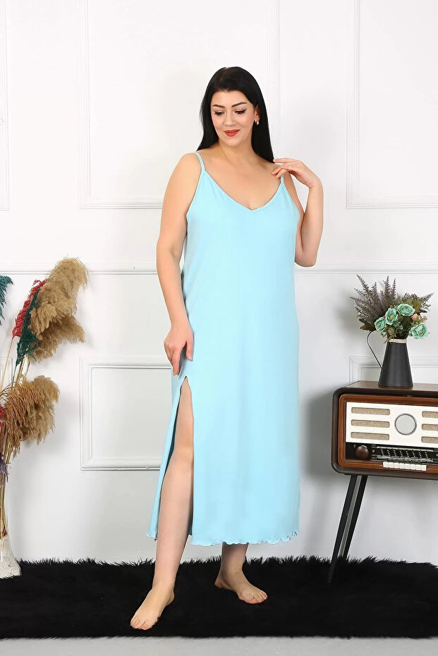 Women's Large Size Rope Strap Cotton Blue Long Nightdress