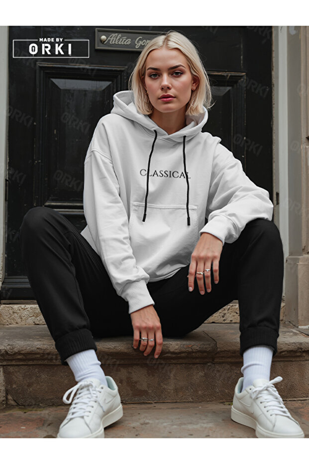 Women's White Oversize Hooded Sweatshirt – Classical Digital Print