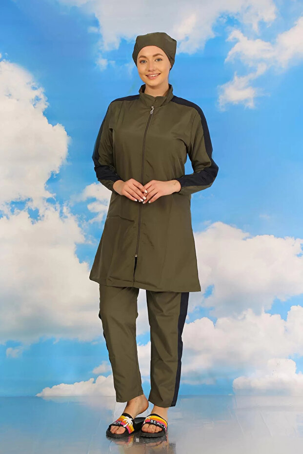 Women's Full Hijab Swimsuit with Pants and Sleeve Stripe Khaki