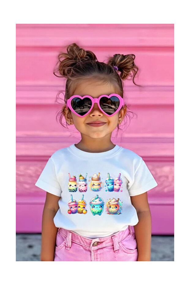 White Color Bubble Tea Printed Children's T-Shirt