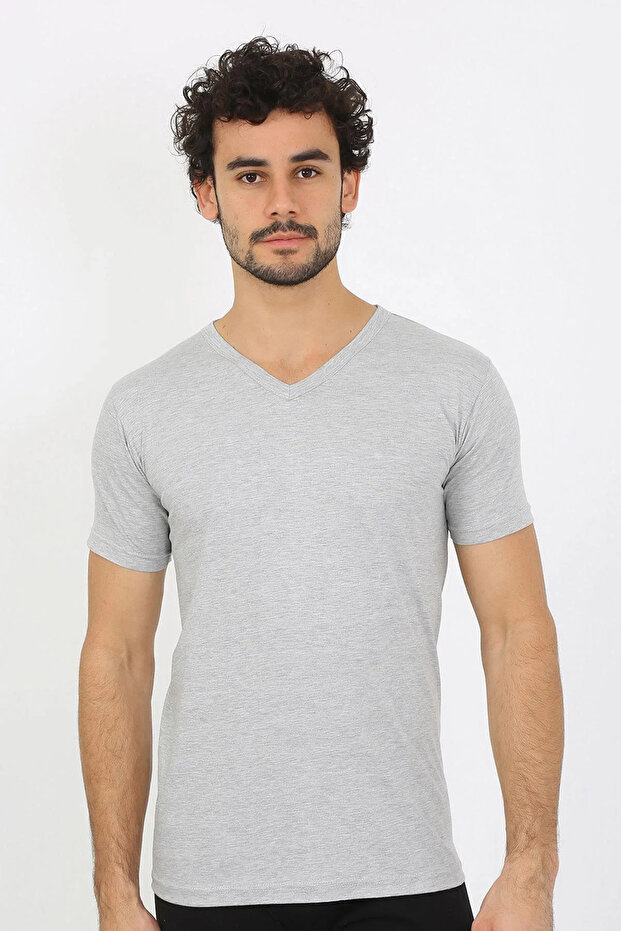 Men's V-Neck Gray Combed Cotton Undershirt - 5