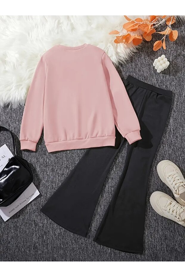 Kız Çocuk Pembe Minimal Kalp Baskılı Bisiklet Yaka İspanyol Paça Pantolon Takım - 2