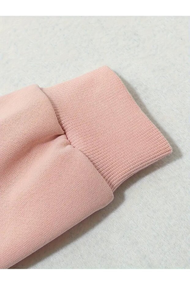 Kız Çocuk Pembe Minimal Kalp Baskılı Bisiklet Yaka İspanyol Paça Pantolon Takım - 4