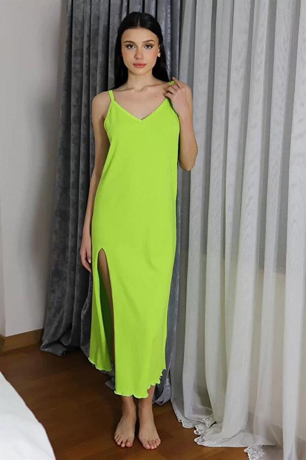 Women's Rope Strap Long Slit Cotton Combed Nightgown Green