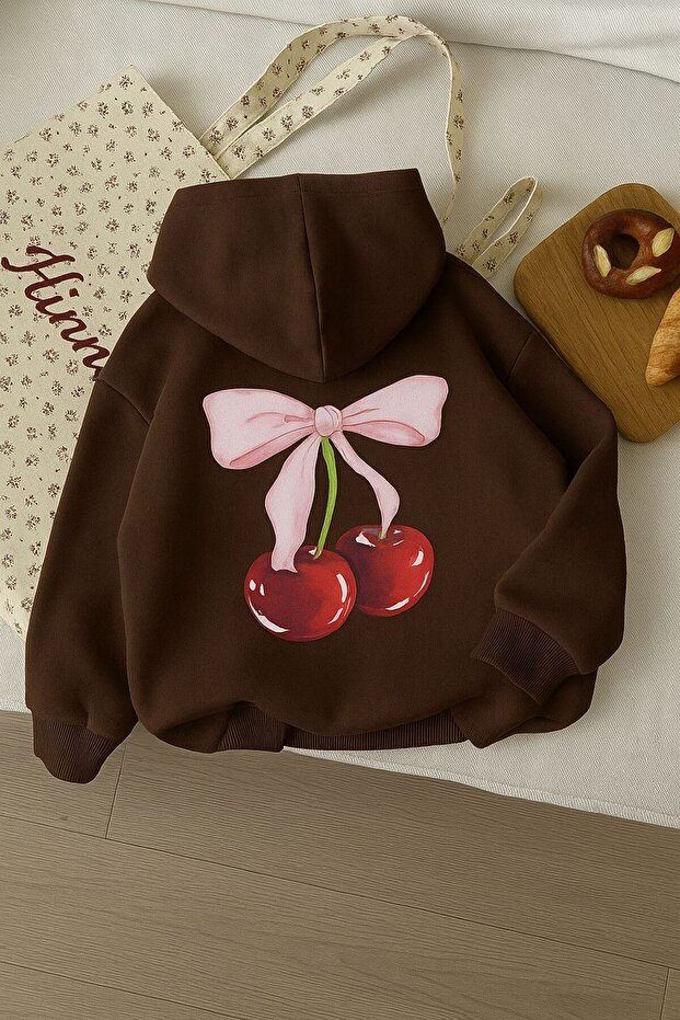 3-Ply Combed Cotton Cherry Printed Unisex Kids Hooded Sweatshirt