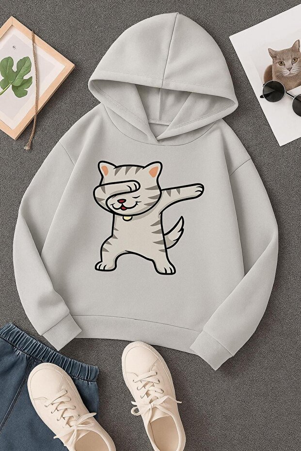 3-Ply Combed Cotton Cat Printed Unisex Kids Hooded Sweatshirt