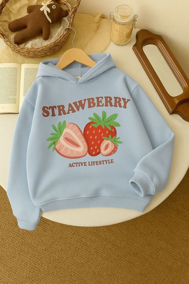 3-Ply Combed Cotton Strawberry Printed Unisex Kids Hooded Sweatshirt