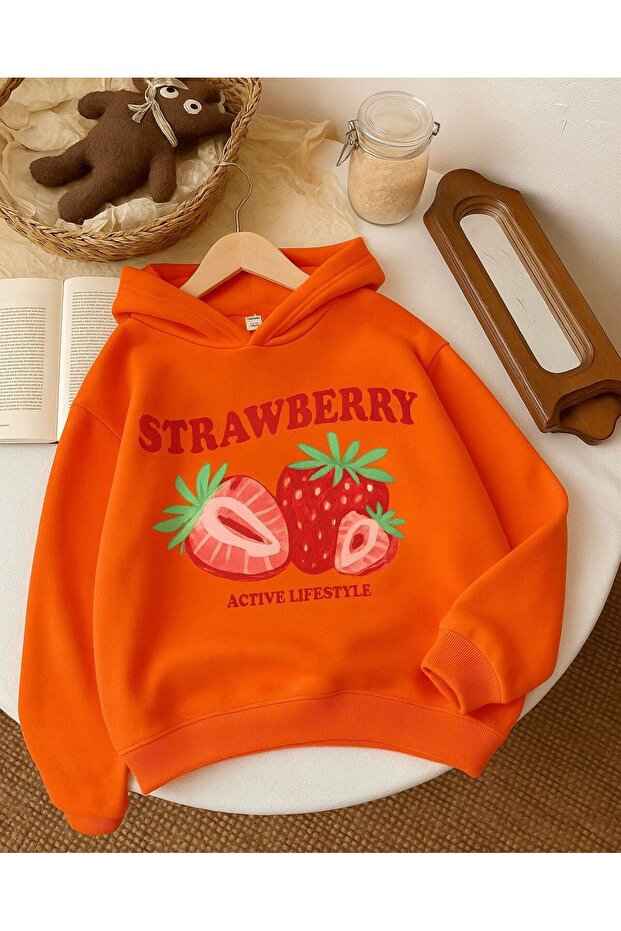 3-Ply Combed Cotton Strawberry Printed Unisex Kids Hooded Sweatshirt