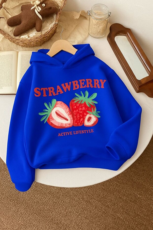 3-Ply Combed Cotton Strawberry Printed Unisex Kids Hooded Sweatshirt