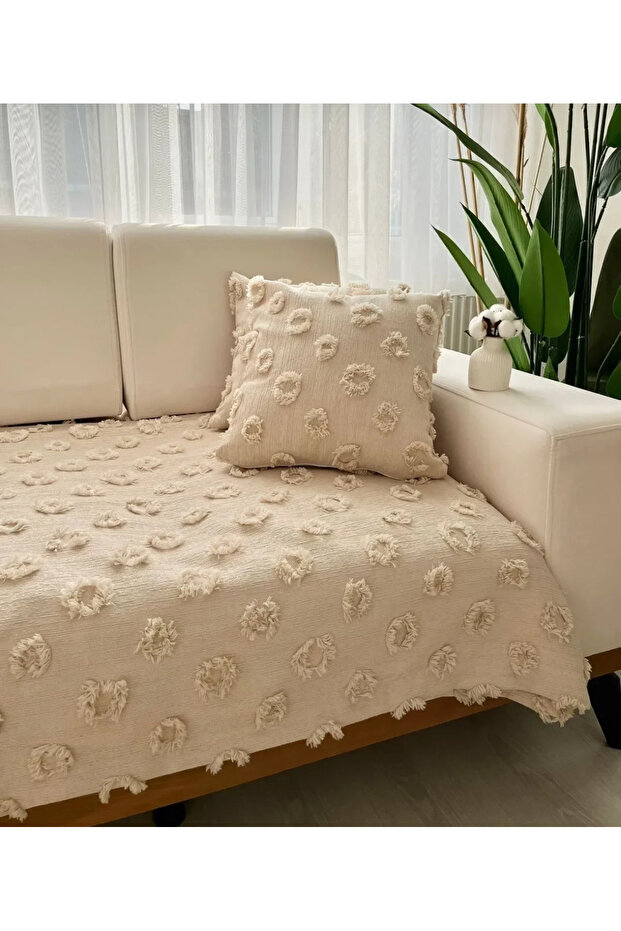 Pompon Sofa Cover Beige - 1