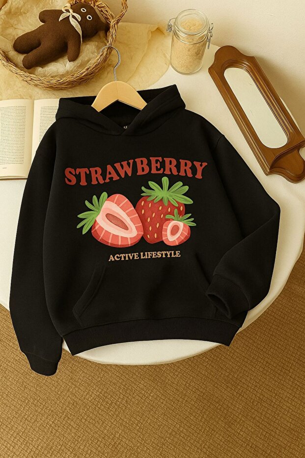 3-Ply Combed Cotton Strawberry Printed Unisex Kids Hooded Sweatshirt
