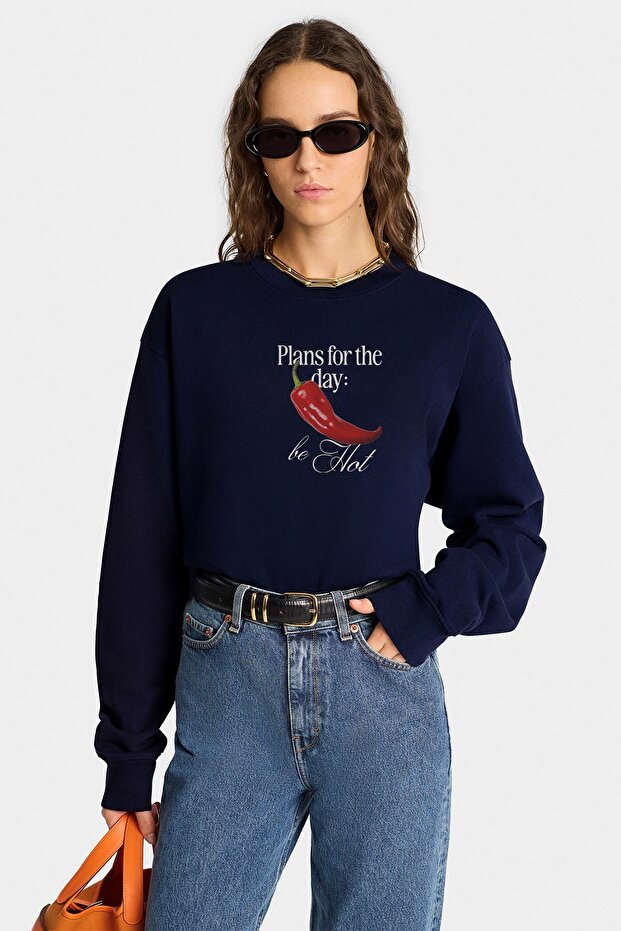 Women's Oversize Sweatshirt Be Hot Printed Navy Blue – Crew Neck, 3 Thread Rastering