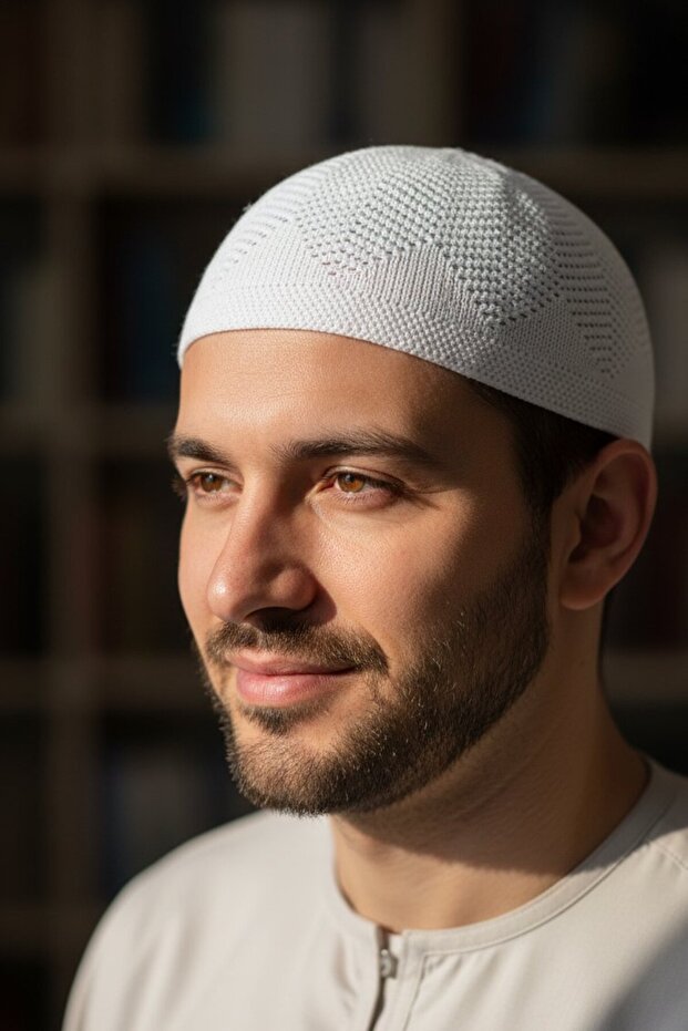 غطاء رأس محبوك (غطاء رأس العريس) - هدية الحج والعمرة - أبيض