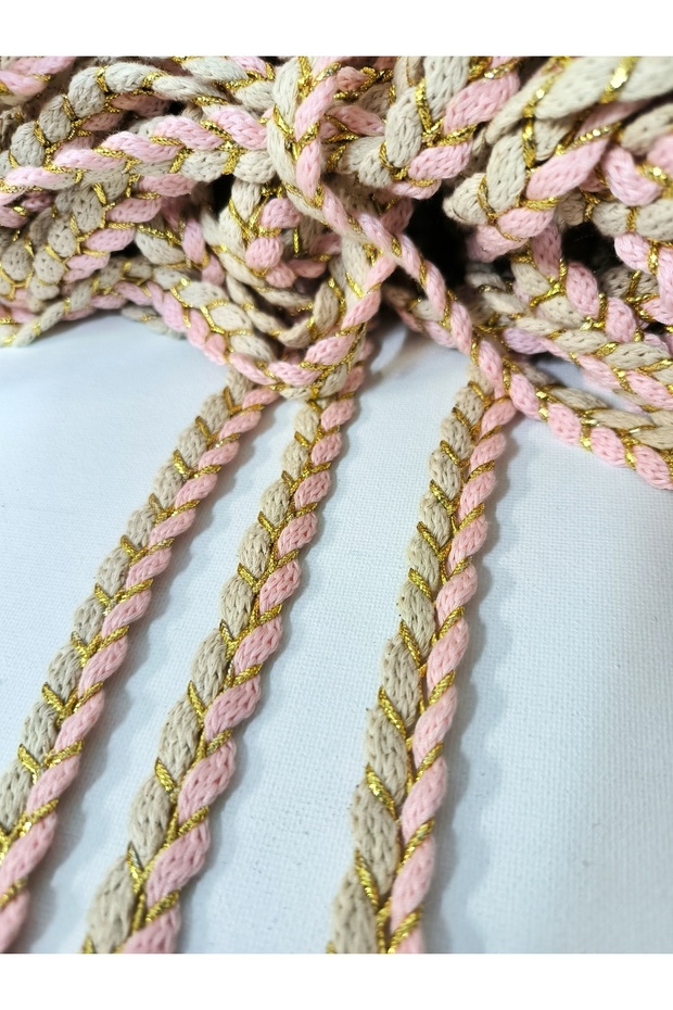 Pink Cotton Gold Corded Knitted Striped Ribbon