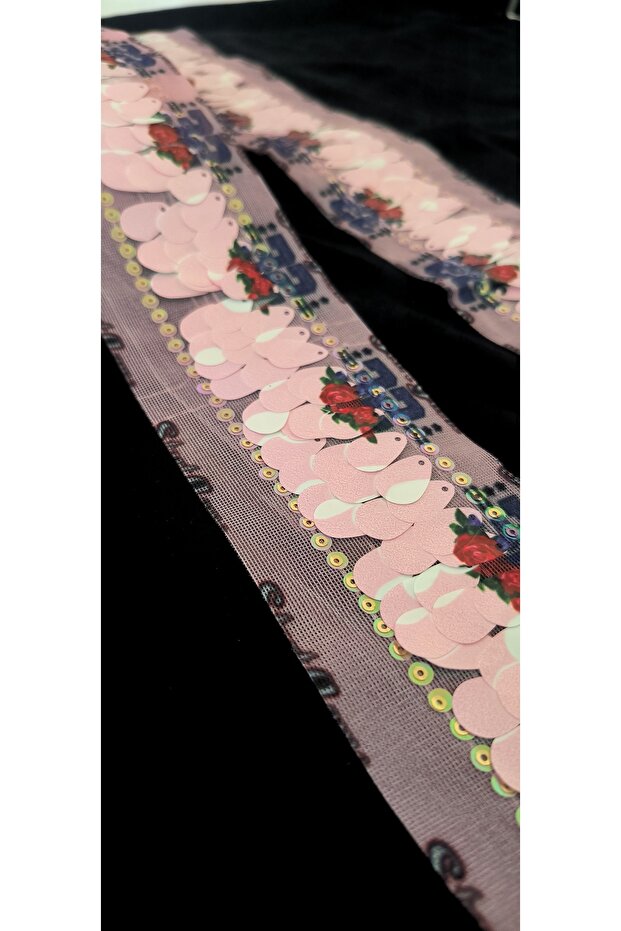 Pink Powder Color Rose Printed Puls Sequin Ribbon