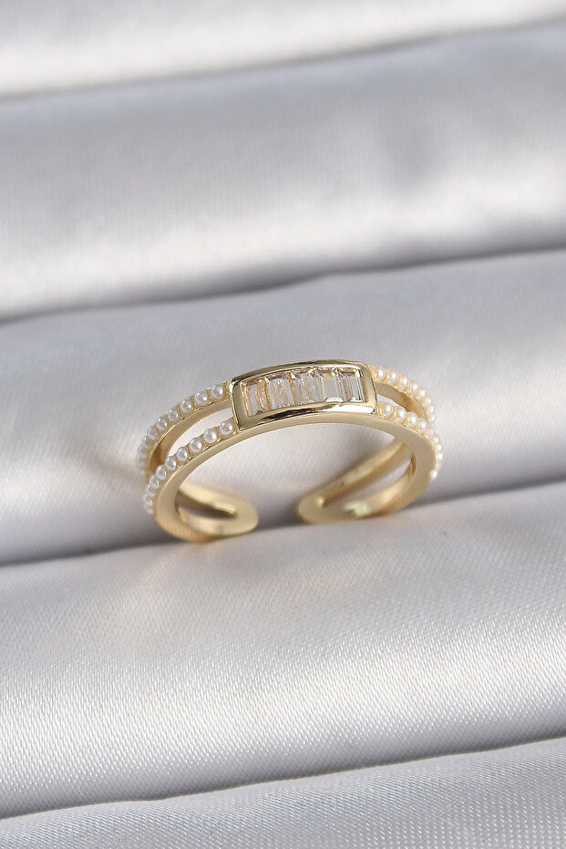 Brass Gold Color Adjustable Row Pearl Zircon Stone Detailed Women's Ring -