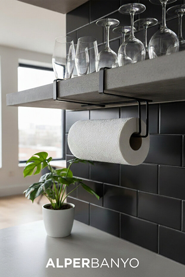 Black Multi-Purpose Cabinet Door and under Shelf Paper Towel Rack | Metal