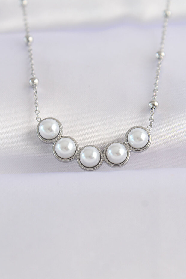 316L Steel Chain Silver Color Row Pearl Stone Necklace -