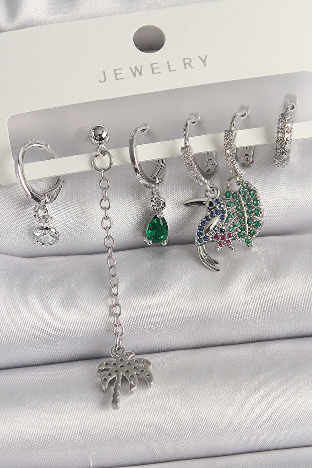 Brass Silver Color Dangle Zircon Stone Tree Figure Multi Women's Earring Set -