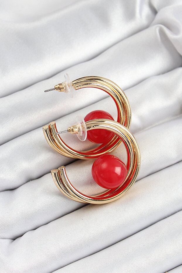 Brass Gold Color Hoop Model Red Bead Detail Women's Earrings -