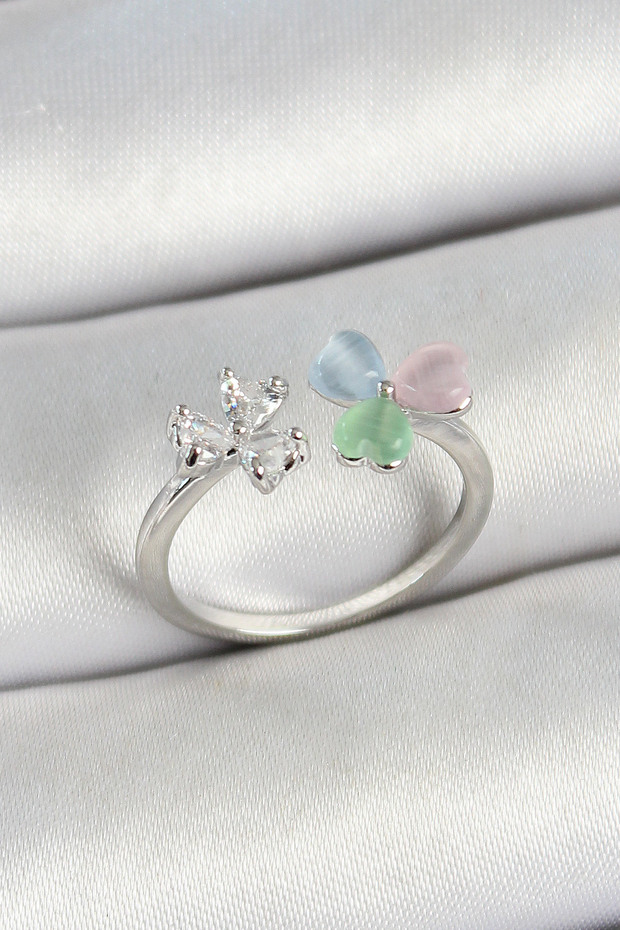 Silver Color Adjustable Women's Ring with Brass Heart Figure and Zircon Stone -